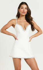 Violetta Mini Dress - Diamante Trim Plunge Front Dress in Off White